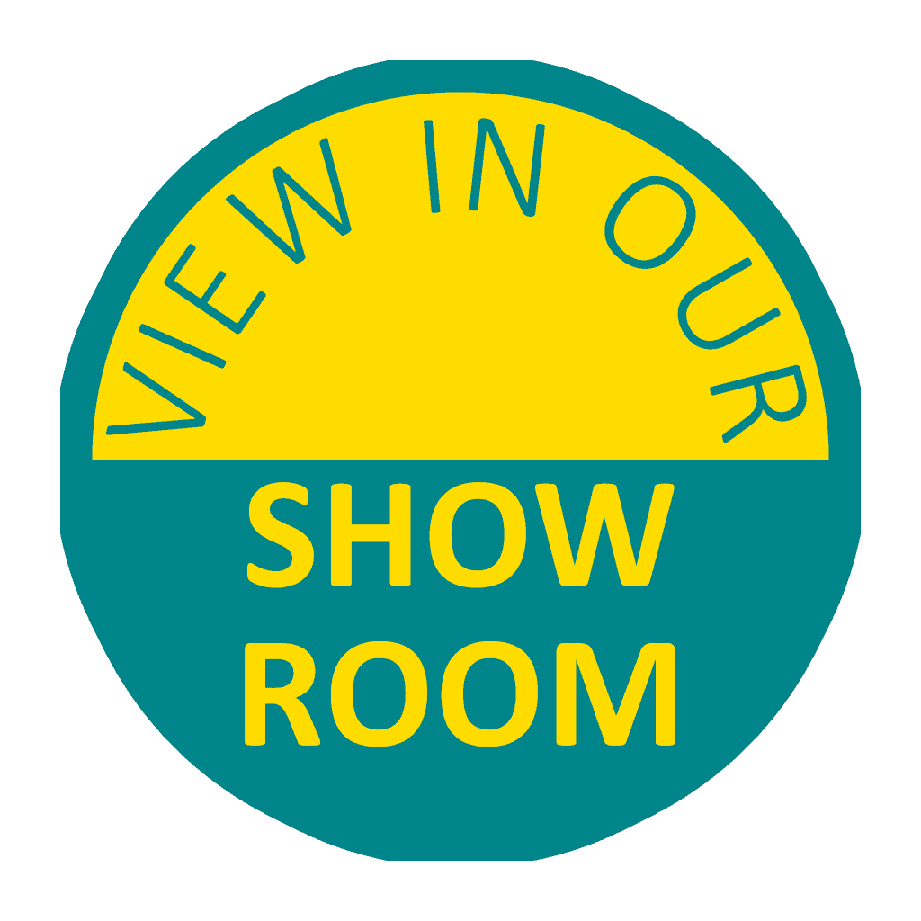 Showroom Badge - in Teal and yellow - with the words 'View In Our Showroom'. Used whenever a product is available for viewing in the Life Quality Bathing showroom.