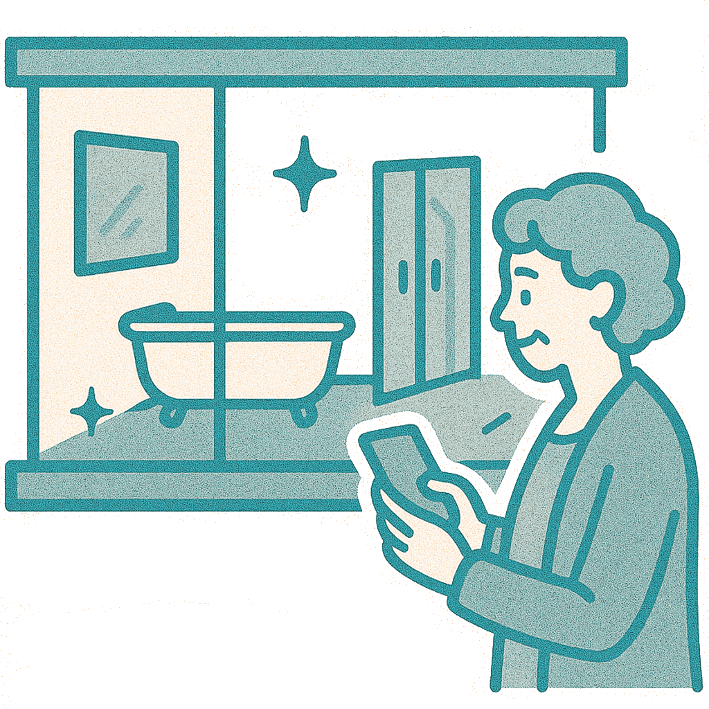 Illustration of a modern bathing showroom with welcoming entrance, representing the Life Quality Bathing customer showroom experience