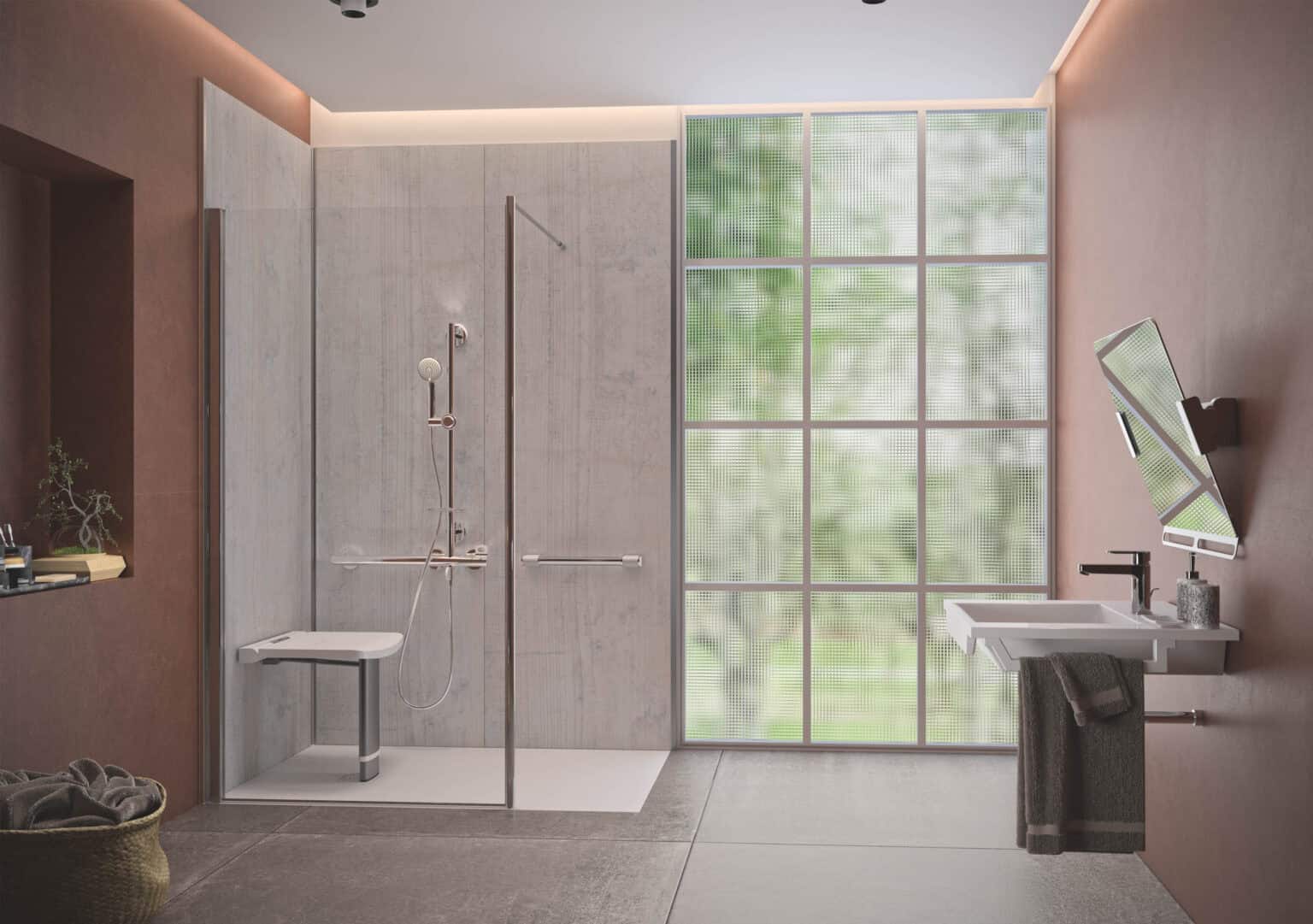 Modern accessible bathroom with walk-in shower with seat, frosted glass window, wall-mounted sink, and earthy-toned decor