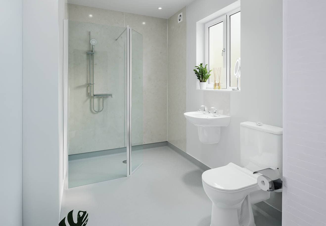Plain white and simplistic deigned wet room, glass screen covering the side which the shower is mounted on the wall.