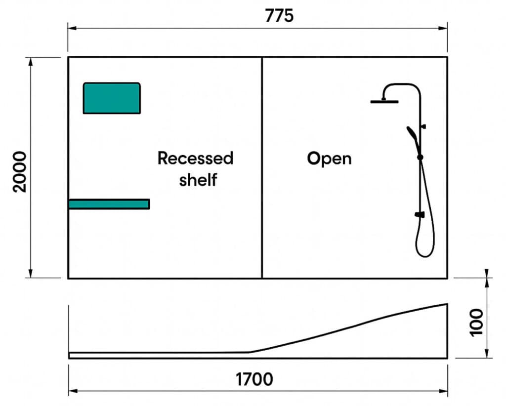 Technical drawing of wet room with 2 side profiles, showing detailed dimensions. Recessed shelf, open compartment near shower, measurements of the full shower and draining system