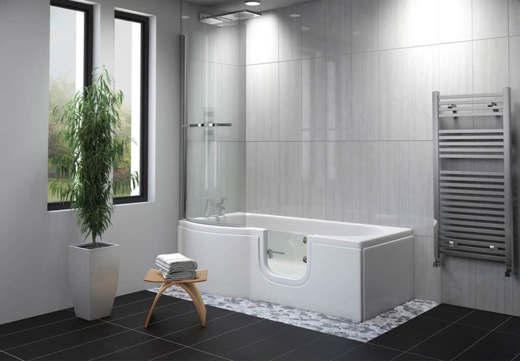 Stylish accessible washroom with walk-in bath, overhead shower, glass door, heated towel rail, and natural light from vertical windows.
