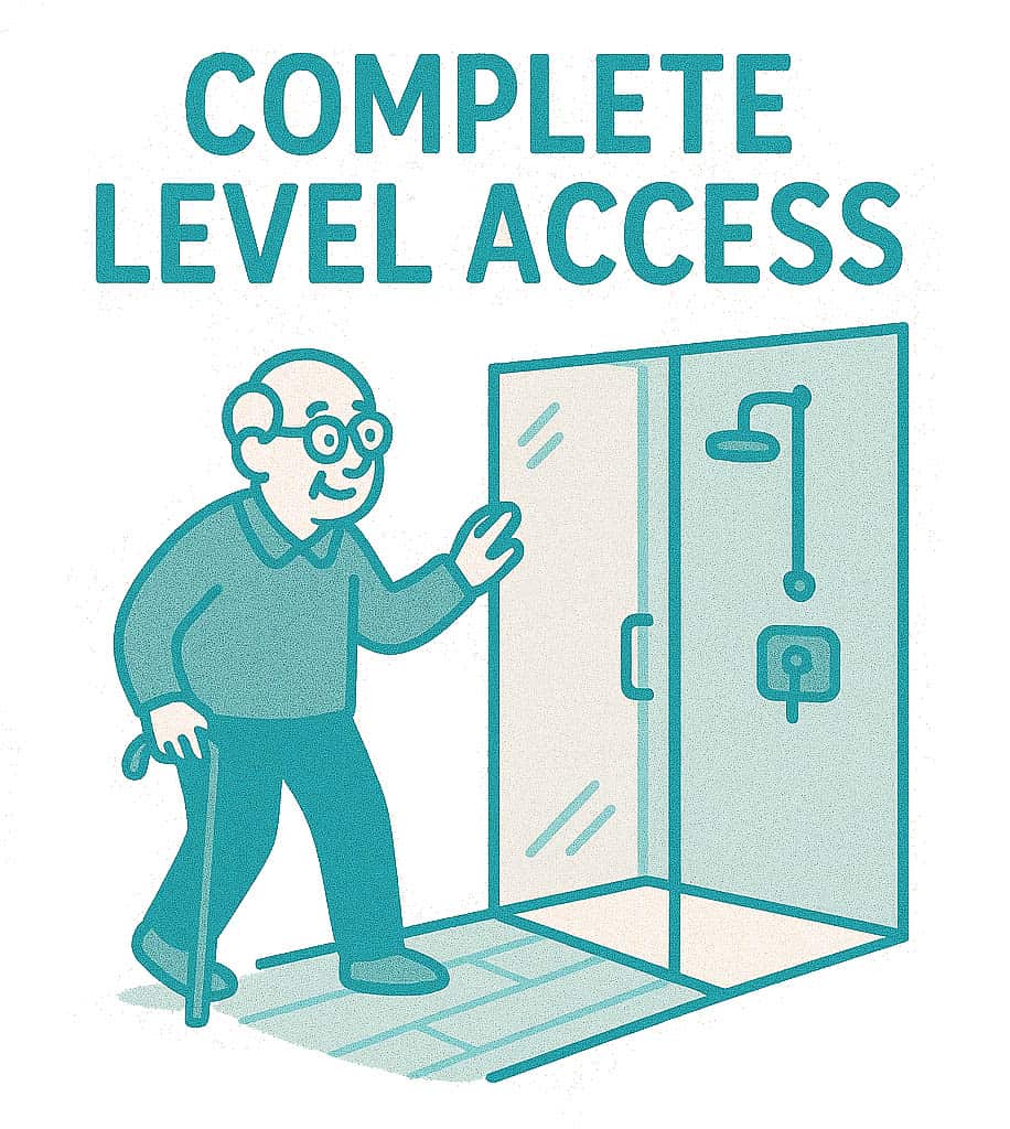 "COMPLETE LEVEL ACCESS" Title and elderly man with walking stick cartoon-like drawing testing the entrance of walk-in shower
