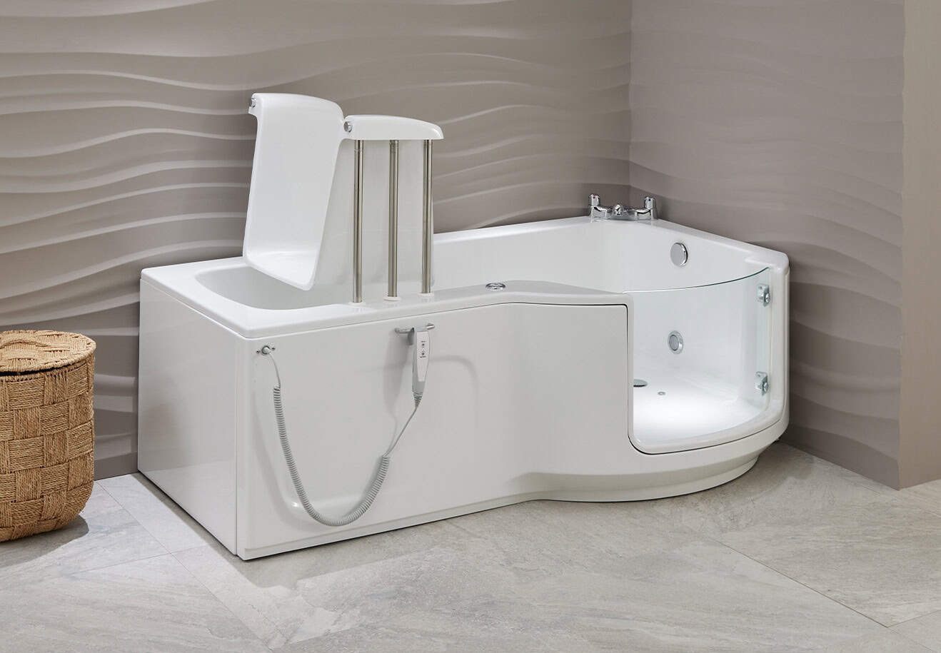 Walk-in bath Roma (Louisiana - access baths) full view bath with raised up seat in neutral coloured theme bathroom