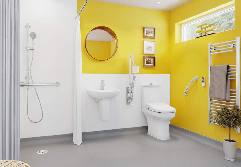 open wet room with shower and shower curtains. Grey waterproof flooring. Bright, eye-catching yellow walls