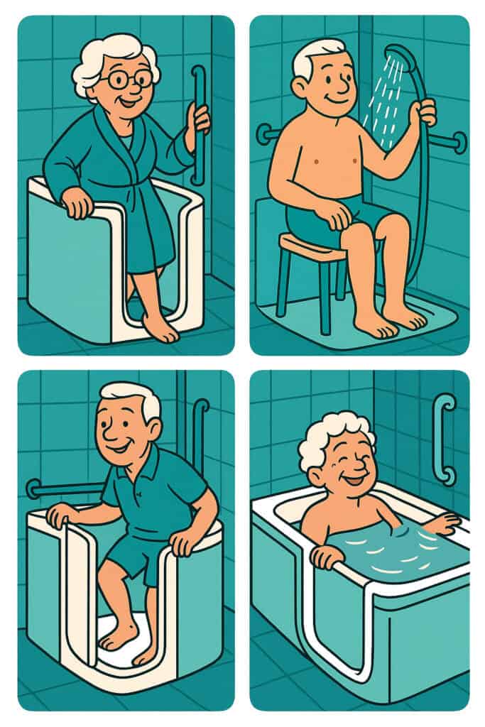 Cartoon-style illustrations of elderly individuals using mobility-friendly walk-in baths, featuring grab bars, a seated shower with stool, and easy step-in access, in a teal and beige color scheme.