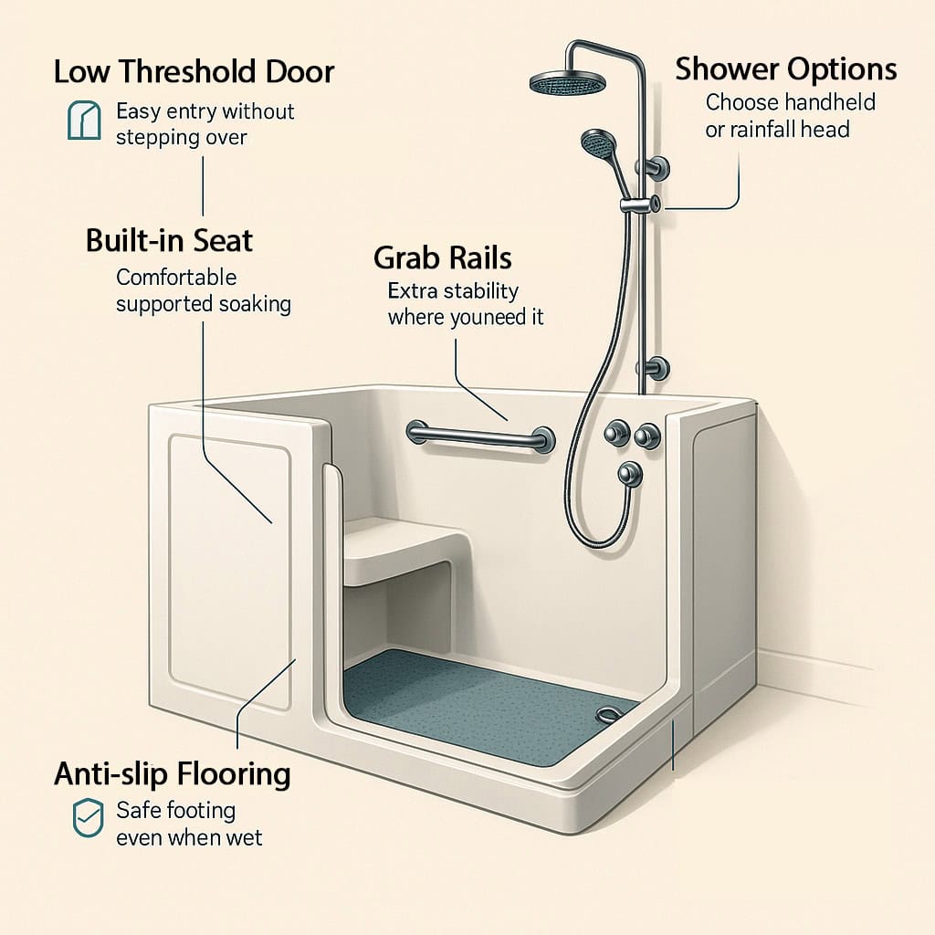 “Infographic of a modern walk-in shower bath with labeled features. Highlights include a low-threshold door for easy entry, built-in seat for supported soaking, grab bars for stability, anti-slip flooring, thermostatic controls for safe water temperature, a shower head with riser rail, and optional power drain. The design is clean and modern with soft neutral tones and blue-green accents.