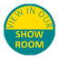 Showroom Badge - in Teal and yellow - with the words 'View In Our Showroom'. Used whenever a product is available for viewing in the Life Quality Bathing showroom.